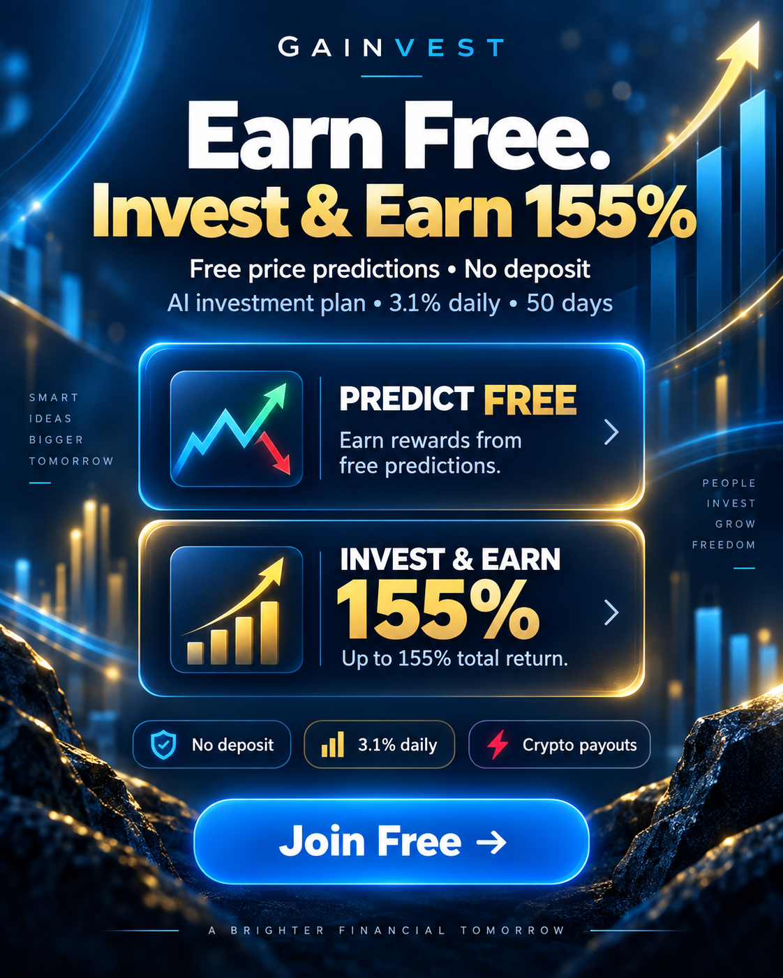 Predict crypto prices for free rewards, or invest for up to 155% total return